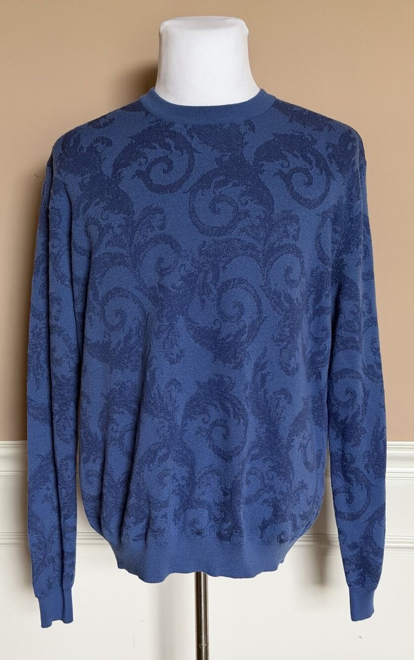 Versace Barocco Leafy Jacquard Wool Knit Sweater Blue 42 US (52 Eu) 1021722 NWT